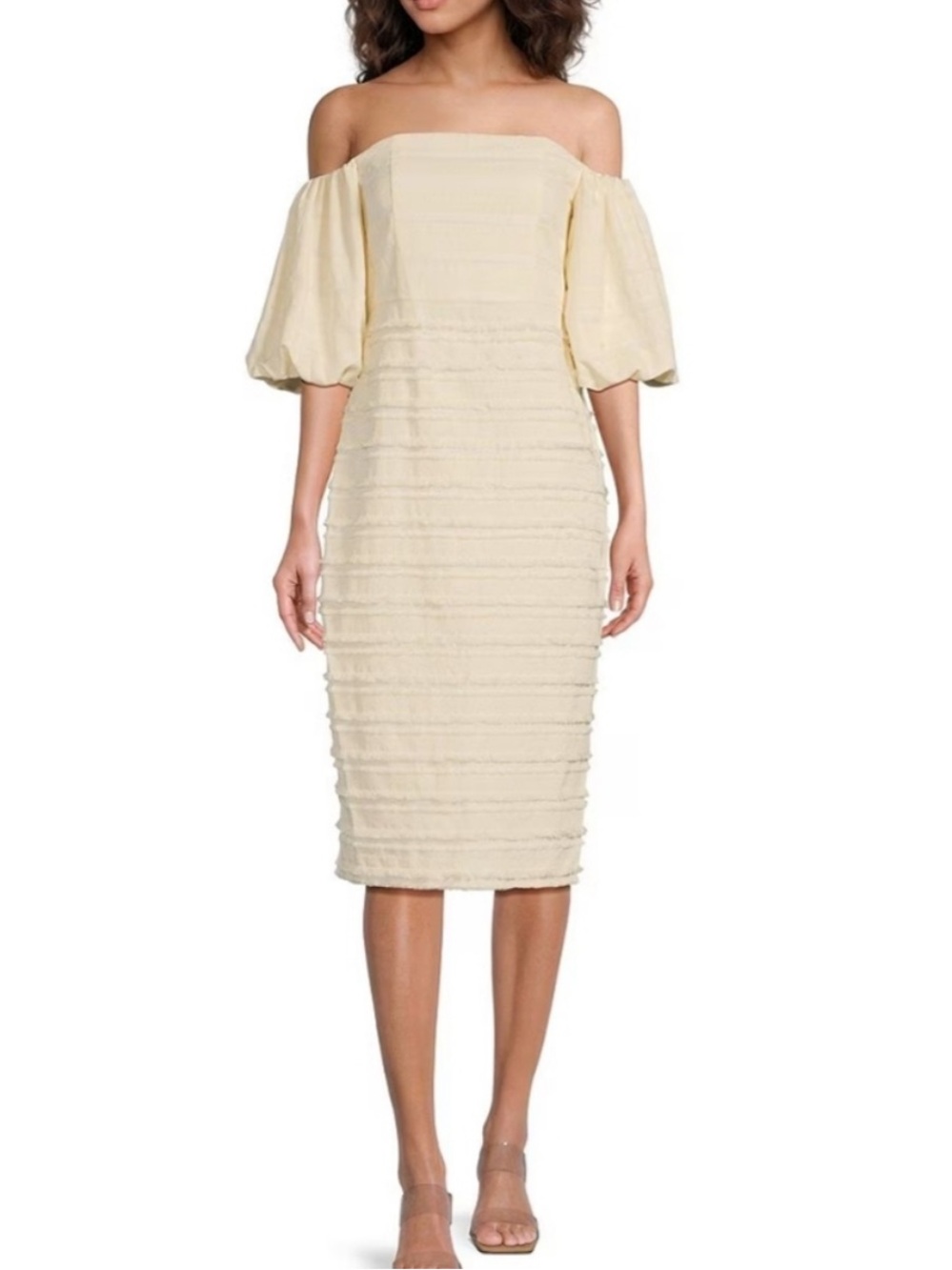 Badgley Mischka Cala Fringed Linen Off-The-Shoulder Puff Sleeve Midi Dress